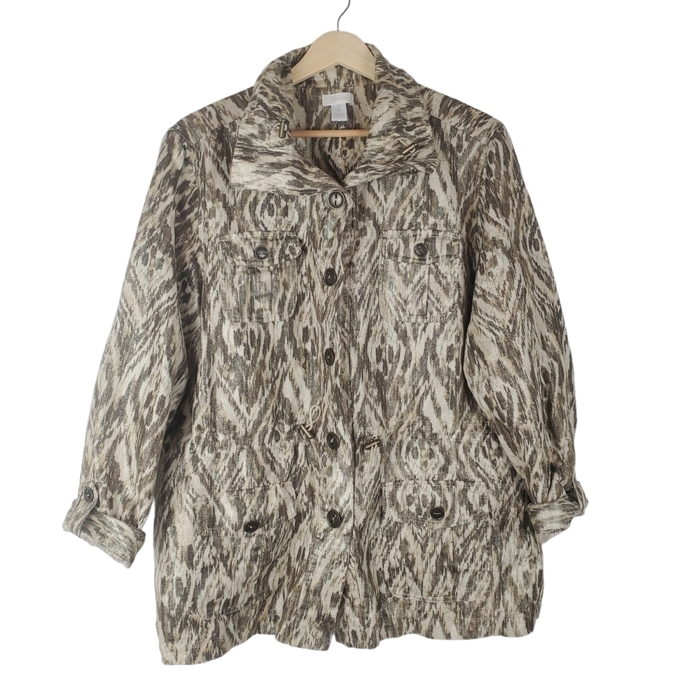 CHICO'S Drawstring Waist Jacket Womens‎ 2 US 12 Green Brown Ikat Metallic Linen